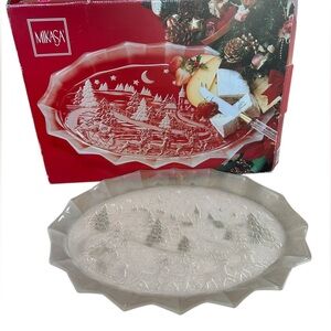 Mikasa Frosted Crystal Christmas Santa Sleigh Reindeer Oval Large Platter 17”